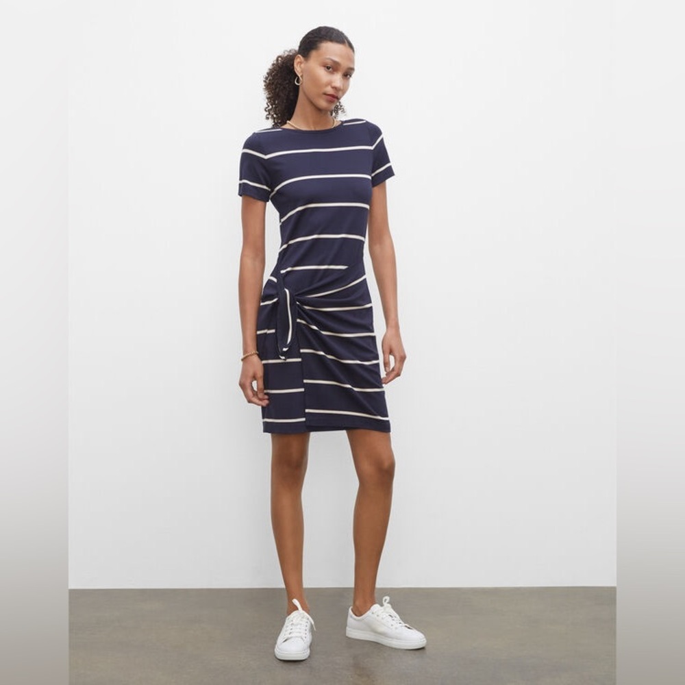 Club Monaco XS Navy White tan Striped Twansia Dress Tie Wrap Short Sleeve Crew